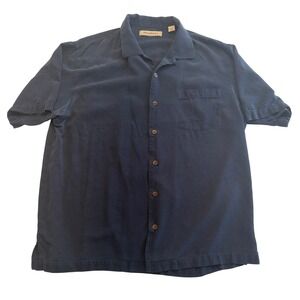 Tommy Bahama Silk Camp Shirt Mens L Blue Textured Short Sleeve Button Front